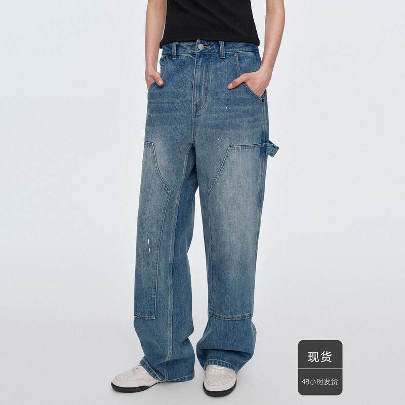 Huajiyan [Lumberjack Cowboy] 100% Cotton Imported Kanglong Fabric Patchwork Design Mid-Waist Straight-Leg Jeans for Women