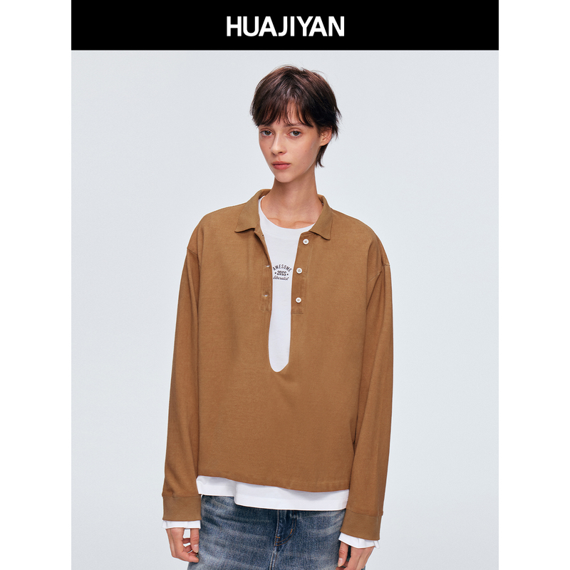 Huajiyan [Bagel] 100% Cotton Polo Collar Deep V Long Sleeve Shirt for Women 2026 Autumn Loose Layering Top