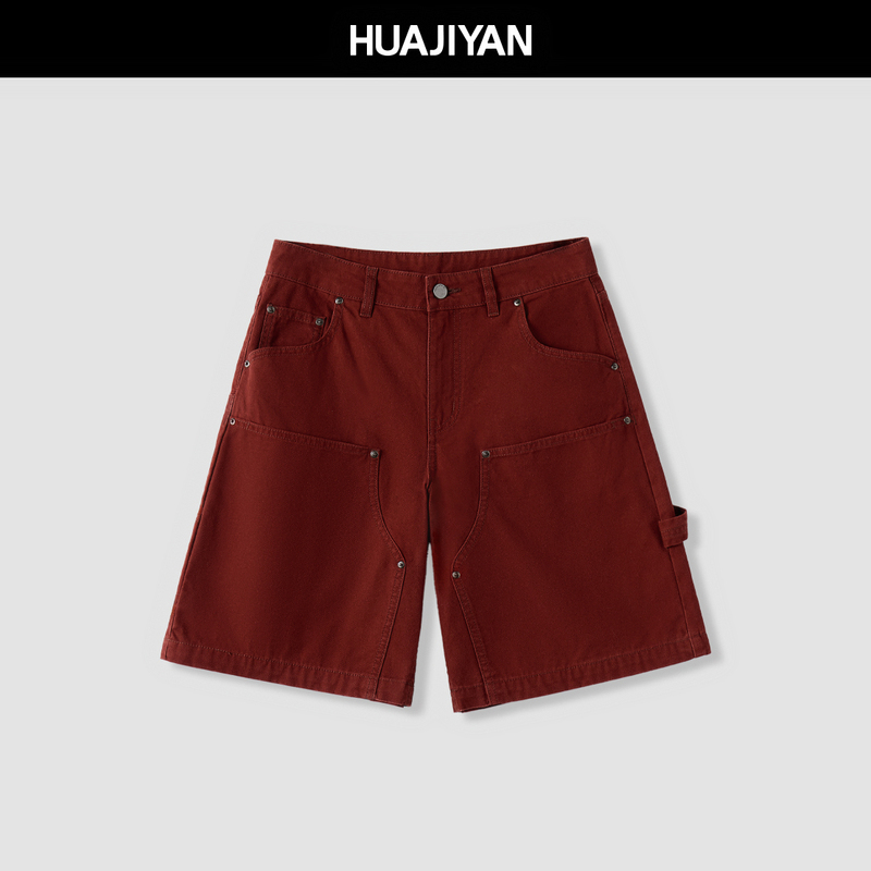 Huajiyan [Red Logging] 100% Cotton Red Work Shorts for Women, Summer Loose Casual Versatile Five-Point Shorts