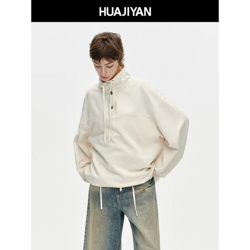 Huajiyan [Soy Milk Box] Cotton and Linen Blend Drawstring Half-High Collar Loose Pullover Sweatshirt