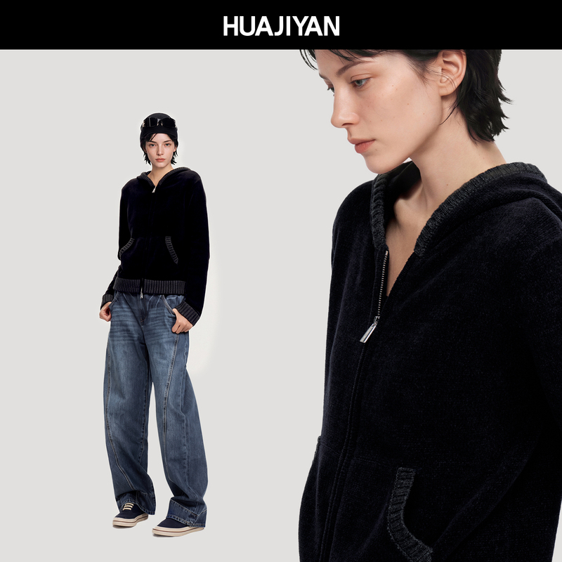 Huajiyan [Shurouti] 100% Cotton Loose Hooded Zip-Up Sweater Jacket Autumn and Winter Knitted Cardigan Top for Women