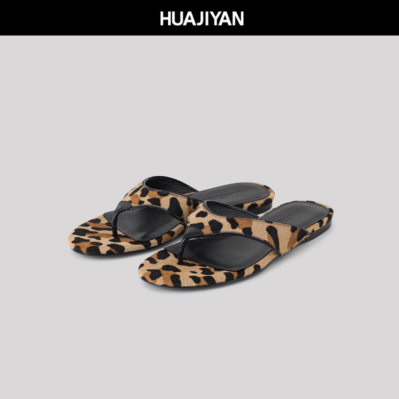 Huajiyan [Accessories Series] Sheepskin with Horsehair Surface, Vintage Leopard Print Flip-Flops
