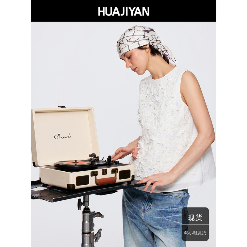 Huajiyan【Flowers】100% Cotton Heavy Embroidery Small Floral Round Neck Sleeveless Top