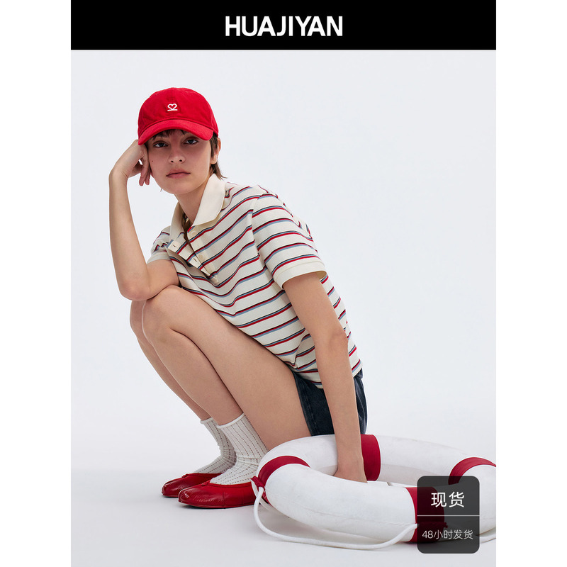 Hua Jiyuan [Chromatography] 100% Cotton Vintage Color-Block Striped Polo Collar Loose Short-Sleeve T-Shirt Top for Women Summer