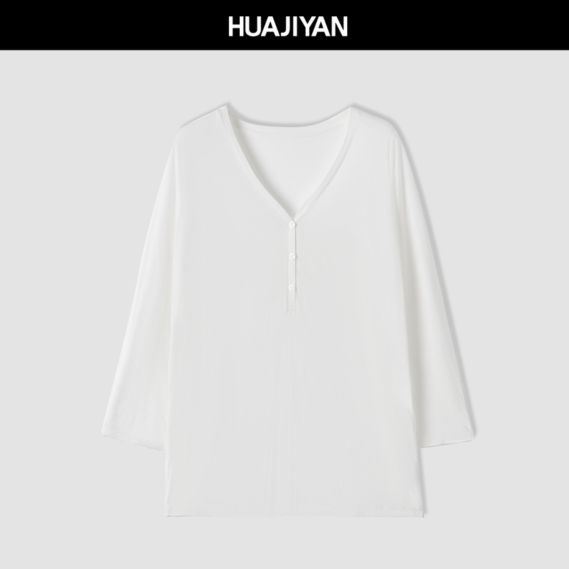 Hua Jiyuan [Three-Button] 100% Cotton Henry V-Neck Lightweight Loose Eight-Sleeve T-Shirt for Women, Versatile Summer Top