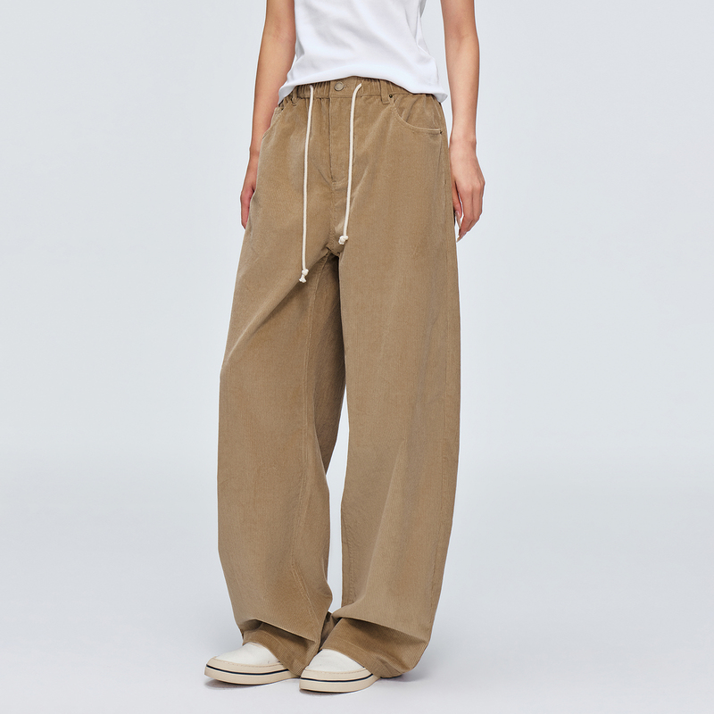 Huajiyan [Almond] 100% Cotton Corduroy Elastic Waist Straight Loose Casual Pants for Women 2026 Autumn