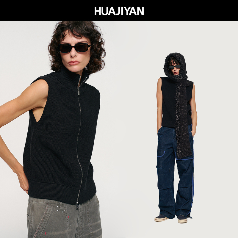 Huajiyan【Paradise】Sheep Wool Blend Vertical Ribbed Turtleneck Sleeveless Casual Vest 2026 Autumn Huajiyan【Paradise】Sheep Wool Blend Vertical Ribbed Turtleneck Sleeveless Casual Vest 2026 Autumn