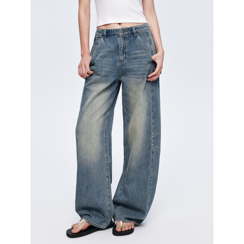 Huajiyan [Bay Denim] Turkish Imported Fabric Vintage Washed Mid-High Waist Scimitar Wide-Leg Jeans
