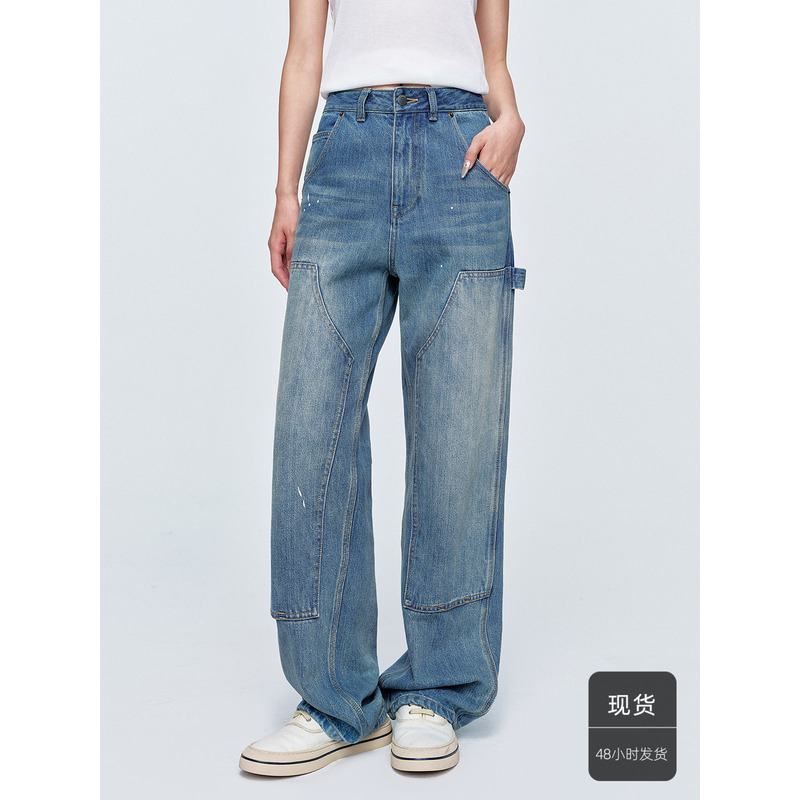 Huajiyan [Lumberjack Cowboy] 100% Cotton Imported Kanglong Fabric Patchwork Design Mid-Waist Straight-Leg Jeans for Women