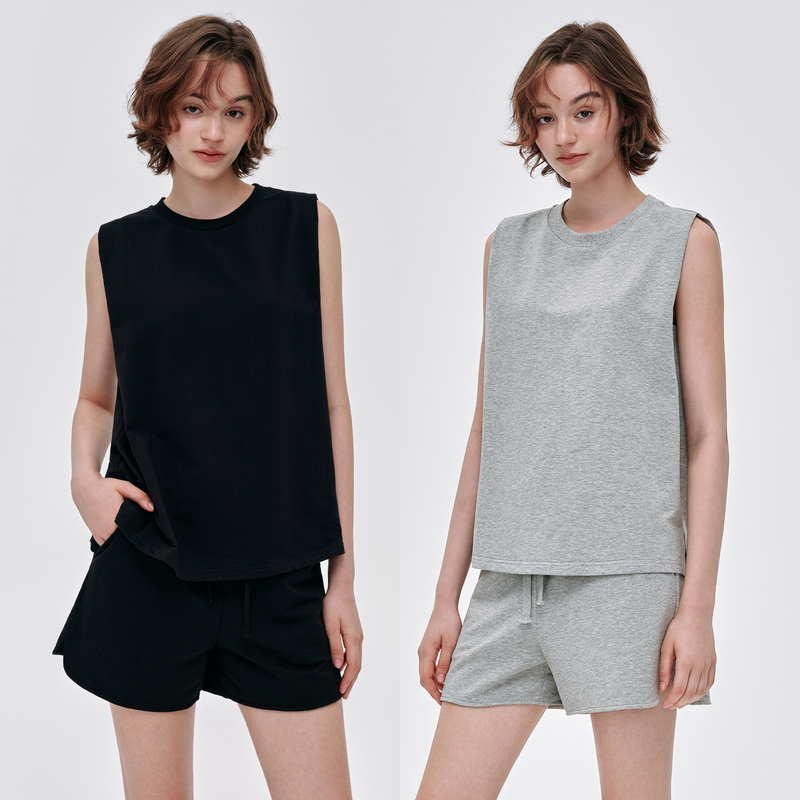 Hua Jiyan [Straight Line] 95% Cotton Casual Sports Set Round Neck Loose Sleeveless T-Shirt Elastic Waist Shorts for Women Summer
