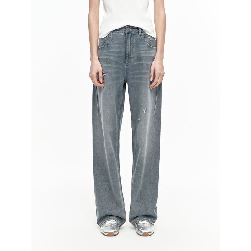 Huajiyan [Dawn] Japanese Okayama Imported Brushed Ripped One-Piece Tailored Washed Straight-Leg Jeans for Women