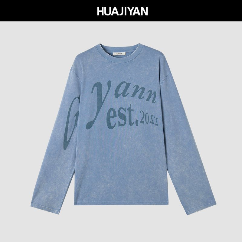 Hua Jiyuan [Old Letters] 100% Combed Cotton Snowflake Letter Print Loose Long Sleeve T-Shirt Top for Women, Autumn