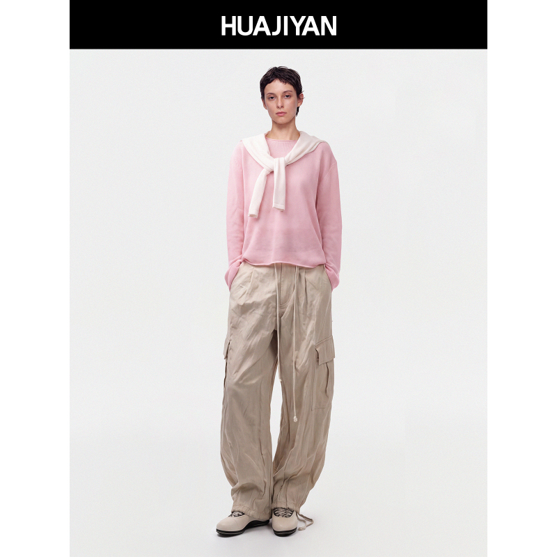 Huajiyan [Warm Velvet t] Sheep Wool Cashmere Boat Neck Wave Edge Loose Long Sleeve Knit Top for Women Autumn
