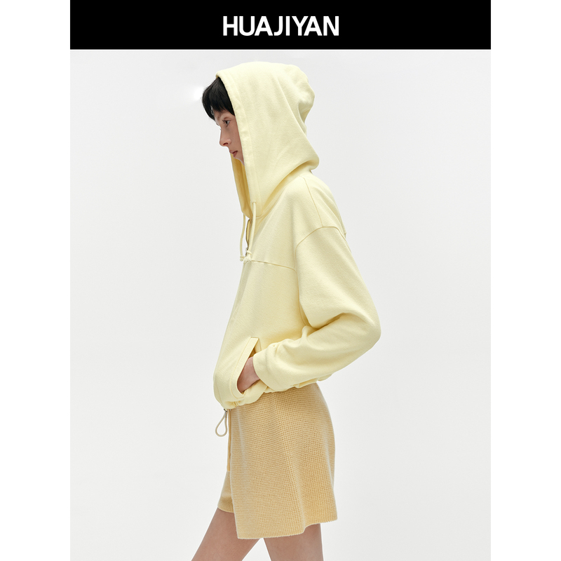 Huajiyan [Curve] Twist Zipper Drawstring Hem Loose Hooded Sweatshirt Jacket for Women 2026 Spring Top