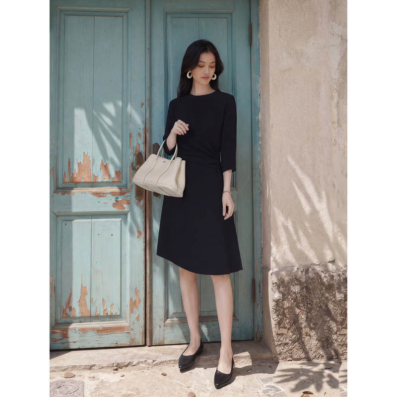 Maudi Self-Narrative Style High-End Elegant Dark Blue Slimming Waist-Covering Acetate Dress Elegant 8449