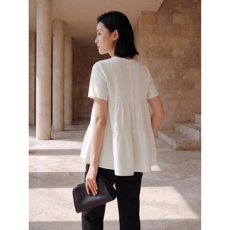 Maudi Milan Notes Summer Niche Design Pleated Acetate Round Neck Pullover Top for Women 8400