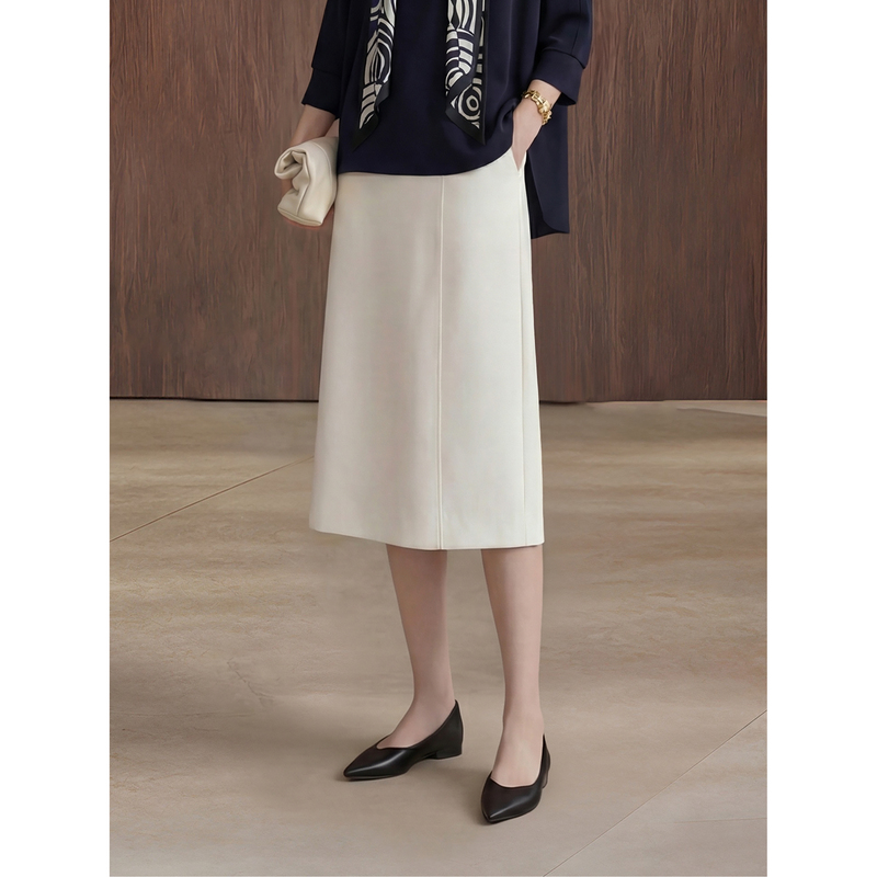 Maudi White Elegant Skirt with a Sophisticated and Intellectual Feel, Back Slit, Small A-Line Style, White Glossy Skirt 6736