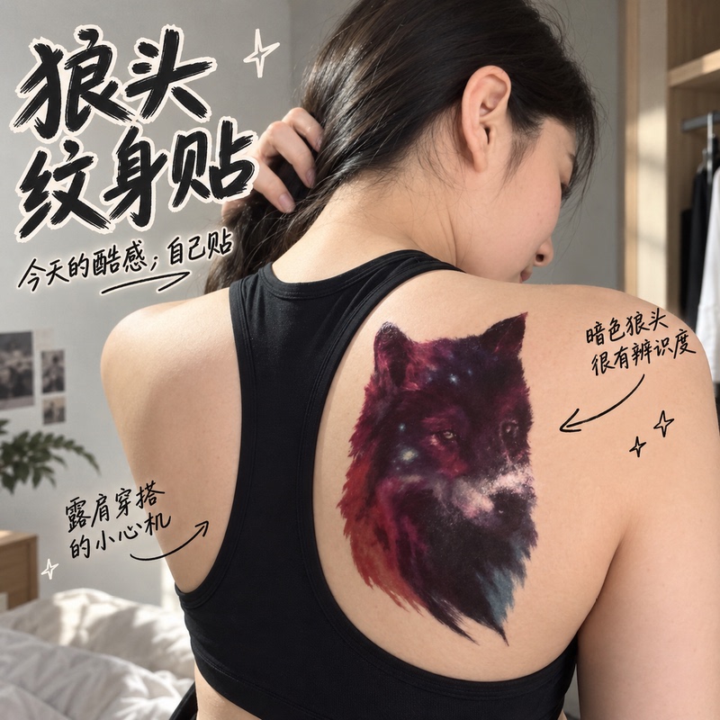 Colorful Wolf Head Tattoo Sticker for Arm, Waterproof Sticker for Back and Chest, Realistic Animal Head, Long-Lasting, European and American Style Tattoo Sticker