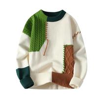 Man Paneled Contrast O-neck Sweater 2024 Autumn Winter Vint