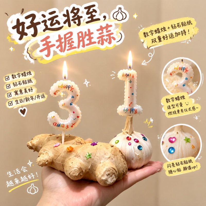 Good Luck Brings Victory! Hold a Ginger and Garlic Candle in Your Hand, DIY 3D Diamond Cake Wishing Shape Photo Prop