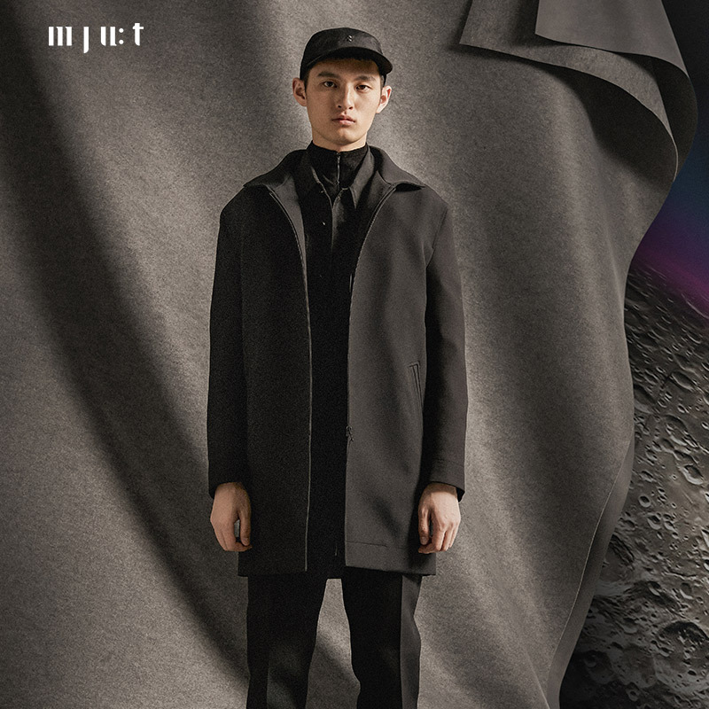 Mju:T Mjut Autumn and Winter Casual Loose Hooded Stand-Up Collar Zipper Mjut Mid-Length Windbreaker Jacket for Men