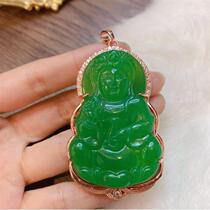 High birth year ice emperor green emerald Buddha Guanyin pendant ice species S925 silver inlaid jade necklace quartz