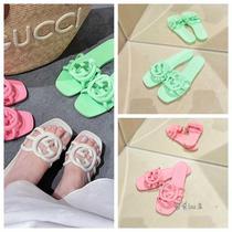 (Fashion Brand) Interlocking Double Micro Label Hollow Leather Open Toe Flat Slippers for Women