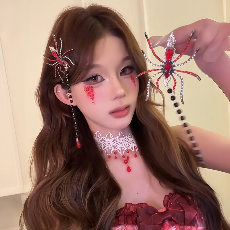 【Halloween Costume】Spider Tassel Hairpin with Rhinestone Edge Halloween Hair Clip Punk Goth Photo Prop