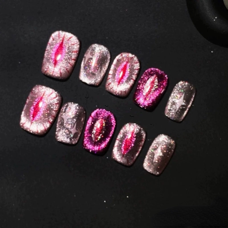 """"""Rose Red Devil's Eye"""" Short Sweet and Cool Autumn and Winter Rose Red Cat Eye Hand-Painted Whitening Sexy Manicure Wearable Nails """"""Rose Red Devil's Eye"""" Short Sweet and Cool Autumn and Winter Rose Red Cat Eye Hand-Painted Whitening Sexy Manicure Wearable Nails