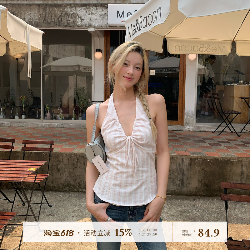 8Uioio Pink Mist Sea Pink V-Neck Halter Top Women's Summer 2026 New Style Beautiful Back Hot Girl Camisole Top 8Uioio Pink Mist Sea Pink V-Neck Halter Top Women's Summer 2026 New Style Beautiful Back Hot Girl Camisole Top