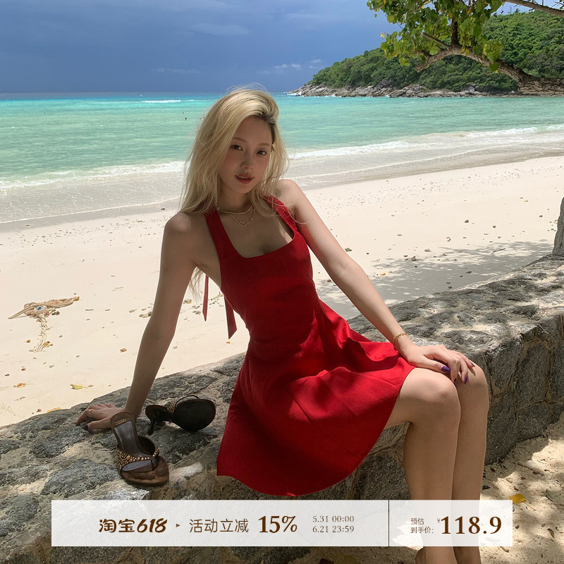 8Uioio Gypsy Rose Red Halter Neck Short Dress for Women Summer 2026 New Slim Fit White-Enhancing Strap Dress
