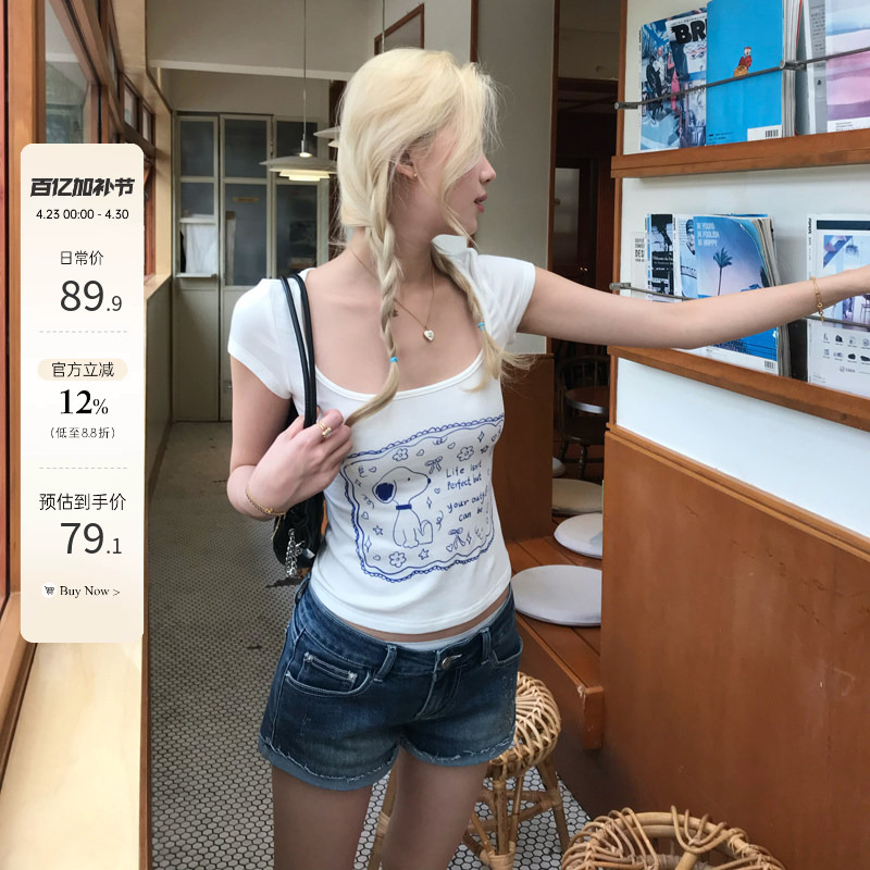 8Uioio Snoopy Graffiti Cartoon Print Short T-Shirt for Women Summer 2026 New Slim Fit Short Sleeve Top