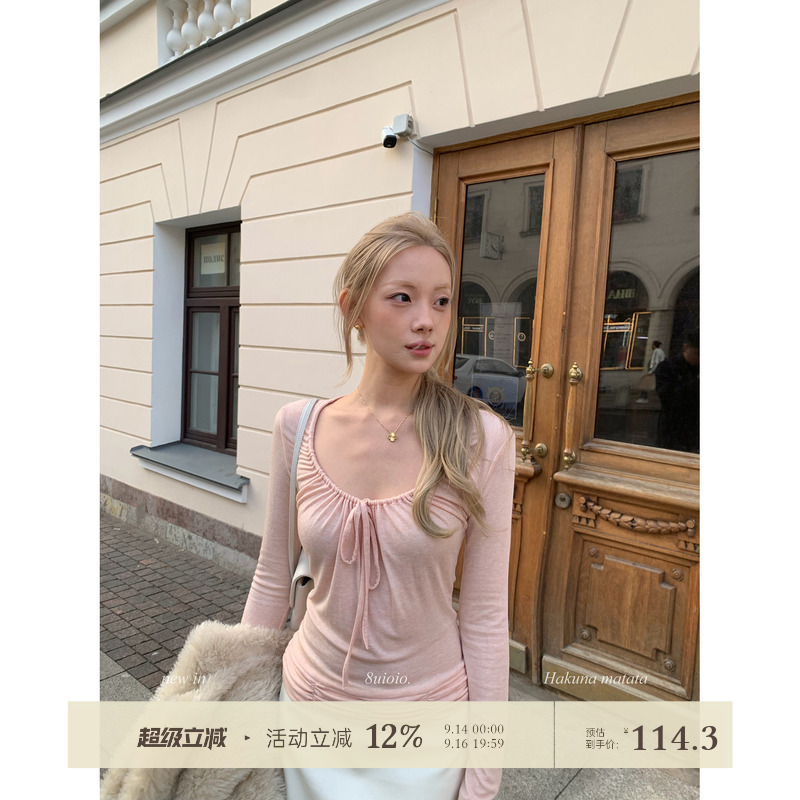 8Uioio'Heart Mousse' Skin-Colored V-Neck Long-Sleeve Ruched T-Shirt for Women, New Autumn Style, Waist-Cinching, Slimming, Thin Top 8Uioio'Heart Mousse' Skin-Colored V-Neck Long-Sleeve Ruched T-Shirt for Women, New Autumn Style, Waist-Cinching, Slimming, Thin Top