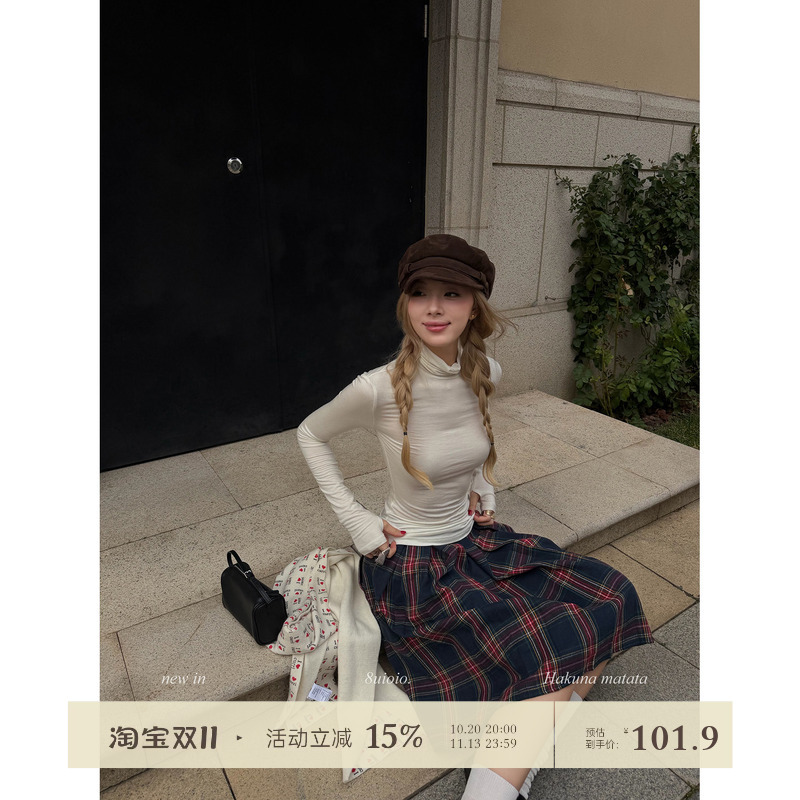 8Uioioc Layered'Cream Mousse' Off-White Turtleneck T-Shirt for Women, New Autumn Slim-Fit Inner Layering Top