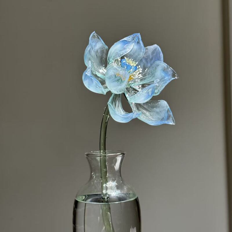 【Waiting for the Wind】Handmade Glass Blue Lotus Flower Lamp, Artisan Glass, Intangible Cultural Heritage, Handcrafted Home Decoration Gift