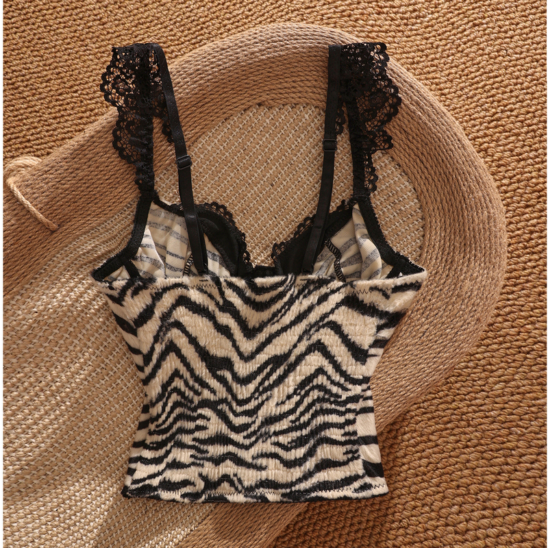 Spicy Zebra Print Lace Camisole with Sexy Straps, Slim Fit Short Top with a Sexy and Stylish Design for Outerwear