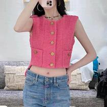 新款现货速发马甲女 夏红色韩版纯色开衫粗花呢无袖小个子短款单