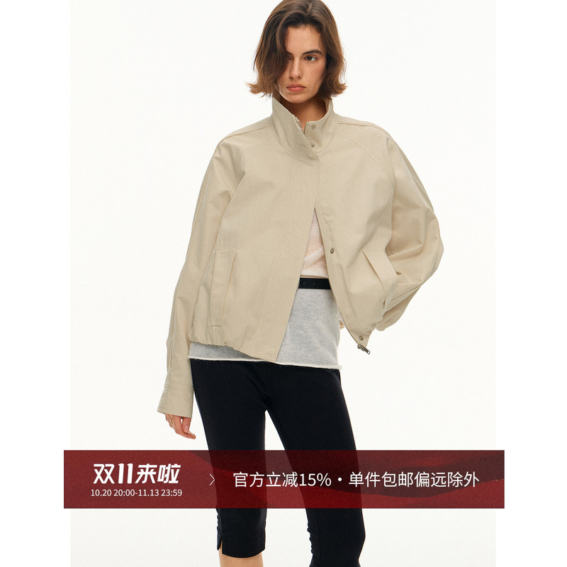Cesilwang Fashionable Autumn Lightweight High-End Funnel Collar Casual Raglan Sleeve Short Jacket Coat