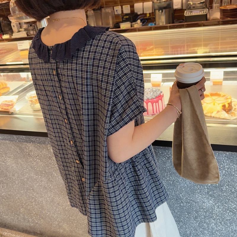 Korean Dongdaemun Women's Summer Sweet and Loose-Fitting Slimming Lace Patchwork Blue Plaid Short-Sleeved Babydoll Shirt