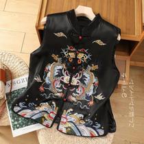 High-end satin embroidered large flower plate buckle ethnic style vest short coat womens thin vest spring and summer trendy waistcoat
