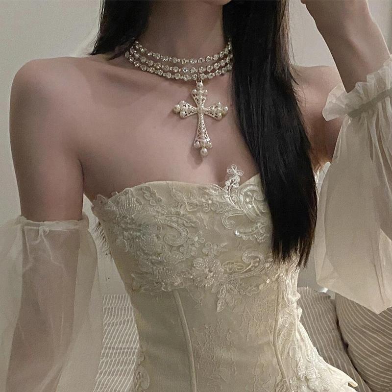 Stacked Cross Clavicle Chain Y2K Subculture Choker Necklace Accessories Lolita Pearl Multi-Layer Sweater Necklace Stacked Cross Clavicle Chain Y2K Subculture Choker Necklace Accessories Lolita Pearl Multi-Layer Sweater Necklace
