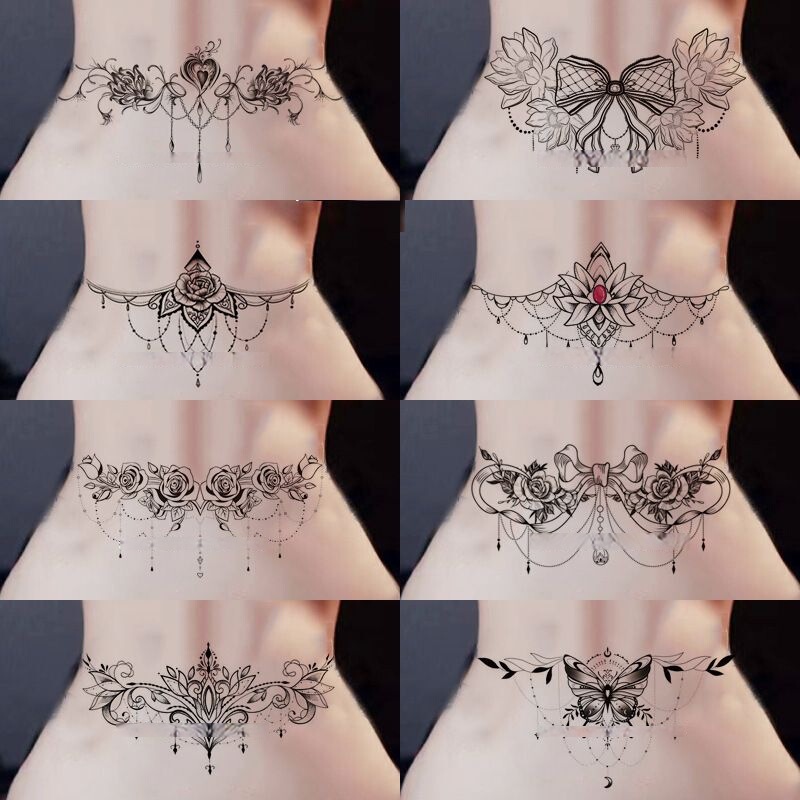 8 New Lotus Black and White Minimalist Female Tattoo Stickers, Waterproof and Long-Lasting, Sexy and Alluring Dark Style for the Lower Back