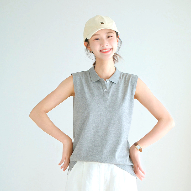 Roman Cotton Polo Collar T-Shirt for Women, Summer Sleeveless with Back Seam Design, Loose and Simple Commuter Vest Polo Shirt Top