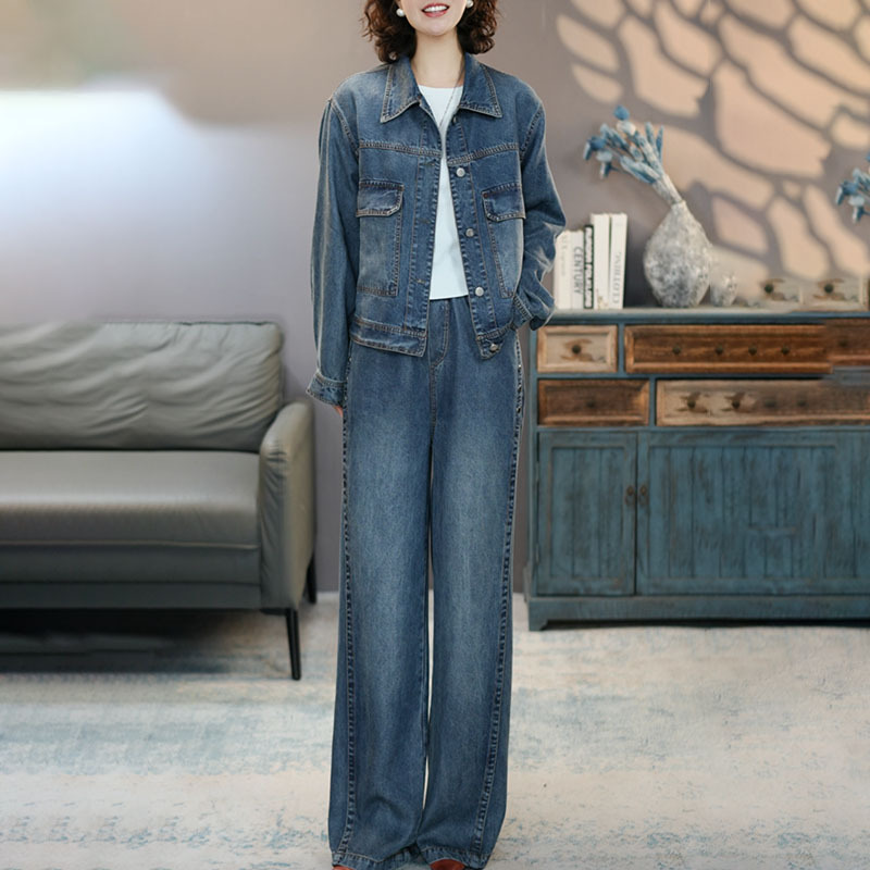 8982 Blue Tencel Set 2026 Spring New Long Sleeve Shirt and Pants Versatile Top Wide Leg Pants