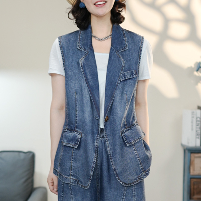 9000 Blue Vintage Tencel Denim Vest 2026 Spring Artistic Versatile Sleeveless Denim Vest