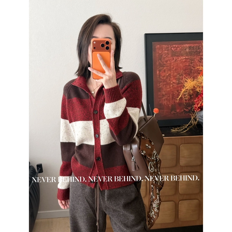 9.12 【Time】Vintage Floral Yarn Color-Blocked Striped Buttoned Turtleneck 100% Cashmere Sweater Cardigan 480g
