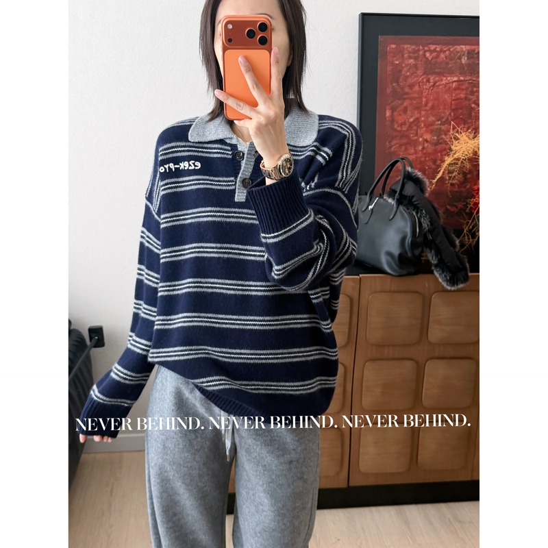 9.12 【Winter Limited Edition】Gaojing Series 100% Cashmere Polo Collar Striped Loose Sweater 595g