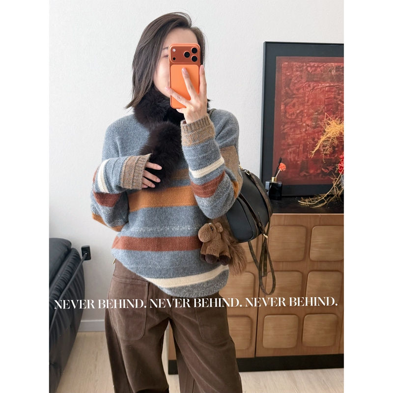 9.12 【Time】 Round Neck Floral Yarn Striped Color-Blocking Heavyweight 100% Cashmere Long-Sleeve Sweater 350g 9.12 【Time】 Round Neck Floral Yarn Striped Color-Blocking Heavyweight 100% Cashmere Long-Sleeve Sweater 350g