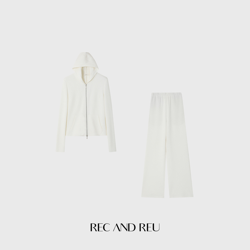 Rec and Reu 【Waffle Texture Set】 Popular Textured Hooded Sweatshirt Jacket | Lazy Pants Set Rec and Reu 【Waffle Texture Set】 Popular Textured Hooded Sweatshirt Jacket | Lazy Pants Set