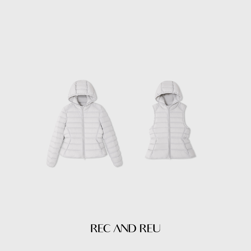 Recandreu 10Th Anniversary [Waist-Cinching Ribbed] 15D Split Fleece White Moonlight Hooded down Vest Jacket